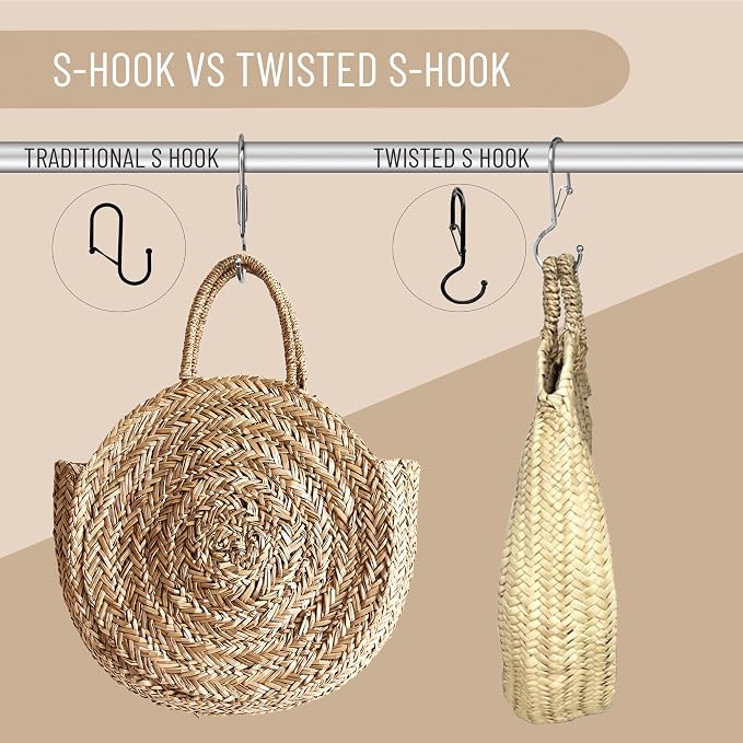 6 Purse Hanger for Closet. Tote Hanger. S-Shaped Hooks S Hooks Twist Design. Anti Drop S-Shaped Hook for hanging handbags with Safety Buckle to Prevent Falls. Heavy Duty. (Silver, Twisted)