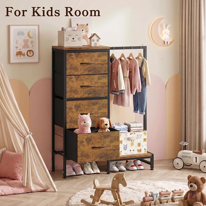 HIGDBFE Tall Dresser 44''H with Hanging Rack, 4 Drawers Small Closet Dresser for Bedroom, Reversible Fabric Chest of Drawers with Clothes Rack, Tall Storage Tower, Sturdy Frame, Rustic Brown