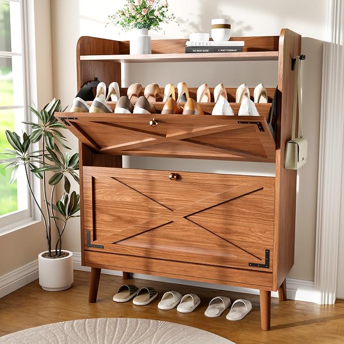Shoe Storage Cabinet with 2 Flip Drawers, Entryway Shoe Cabinet with 2 Metal Hooks & Adjustable Shelves Freestanding Shoe Organizer Narrow Shoe Rack for Entrance Hallway Foyer Front Door,Walnut