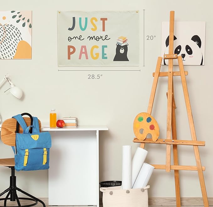 Classroom Wall Banner Decor-Teacher Gift-Inspirational Back to School Wall Art Flag Decor-Just One More Page-Hanging Canvas Banner for Classroom Reading Corner Homeschool Teacher Office