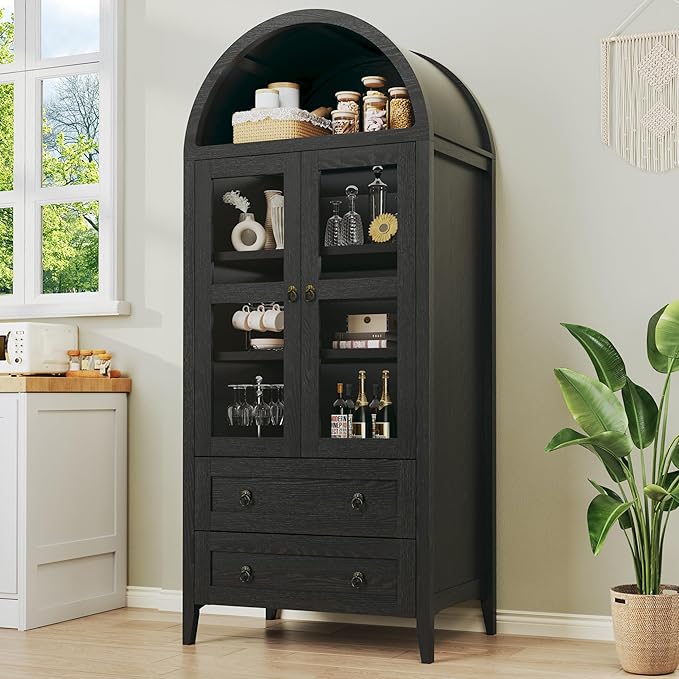 HUAHUU 71" Tall Arched Kitchen Pantry, Arched Cabinet, Kitchen Storage Cabinets with 2 Large Drawers & Adjustable Shelves & Glass Door for Living Room, Dining Room, Black