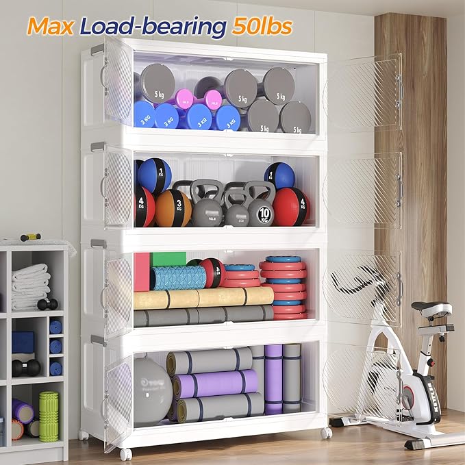 45Gal/180QT 3-Tiers Extra Large Stackable Storage Bins with Lid, Collapsible Cabinet Closet Organizer Plastic Container Box with Wheels Doors Drawers for Living Room Kitchen Office, White