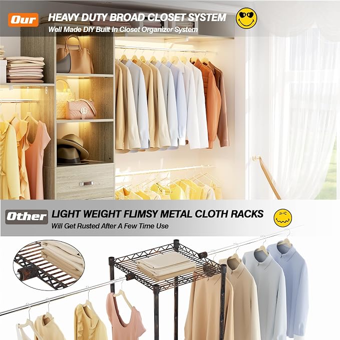 Armocity 120 Inches Closet System, 10FT Walk In Closet Organizer with 2 Shelving Towers, Heavy Duty Clothes Rack with 3 Drawers, Built-In Garment Rack, 120" L x 16" W x 75" H, Load 1300 LBS, White Oak