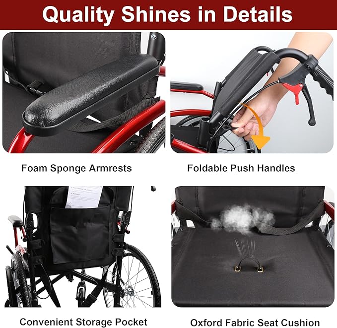 Wheelchairs for Adults,self-propelled Transport Chair,Foldable and Portable Travel Wheelchair with Swing-Away Footrests,Lightweight Transfer Wheelchairs for Adults adnd Seniors（Red）