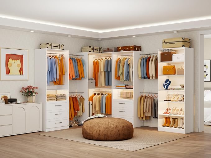 Closet Organizer System with 6 Wooden Drawers, 54.4"-259.4" Walk-In Closet System, 8 Shelves, 8 Hanging Rods, Heavy Duty Modular L-Shape Corner Closet System for Walk-In Closet, White, 4 Sets