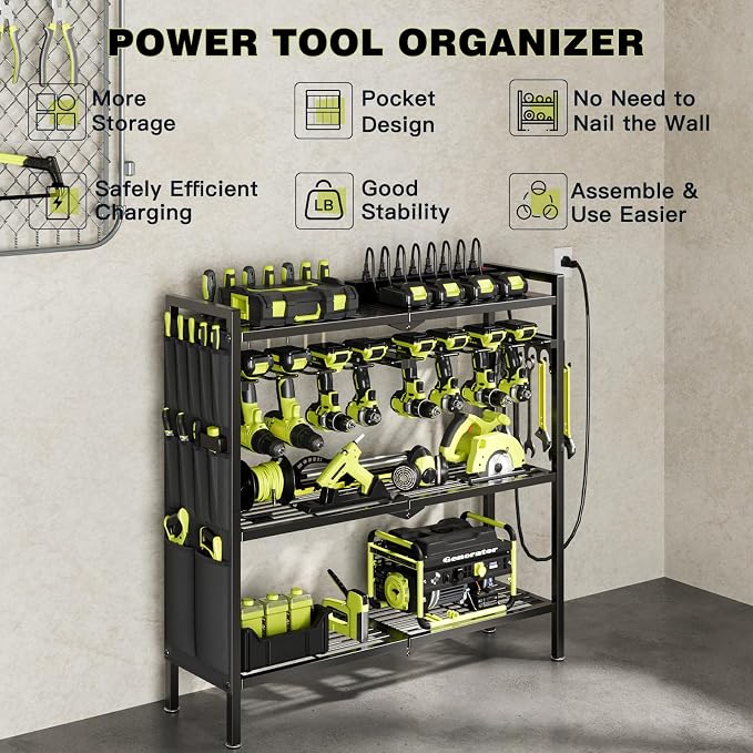 NattyDot Power Tool Organizer Cart with Charging Station, 8 Drills, Black | Freestanding Power Tool Cart Holds 8 Drills; Charging Station Powers Batteries while Sturdy Shelves Organize Garage Gear
