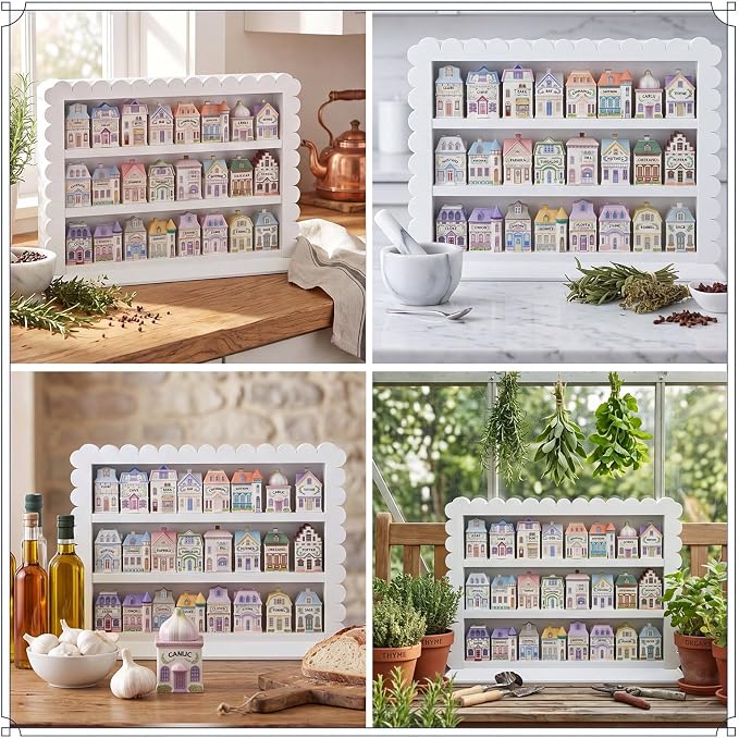 Chunful Vintage Spice Jar Wooden Rack White Scalloped Aesthetic Spice Shelf for 24 Jars, Village Style Wall Mounting Kitchen Storage Decorative Hanging Display Rack, Shelf Only