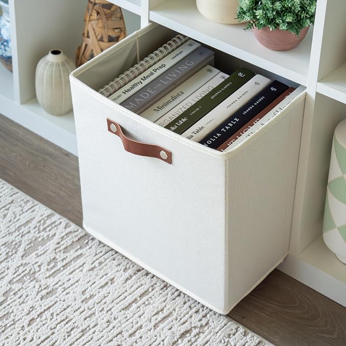 OrganiHaus 13x13 Cube Storage Bins, Set of 4 - Fabric Storage Cubes | Sturdy, holds its shape; odor-free; fits IKEA Kallax and Expedit; vegan leather handles
