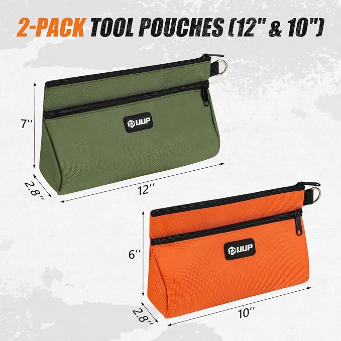 Tool Pouch 2-Pack 12" 10", Divider Zipper Bag, Small Tool Box Organizer | Waterproof, Heavy-duty Oxford, Smooth Zipper, D-Ring, Storage Case for Car Work Tool. Electrician Gift, Orange/Green