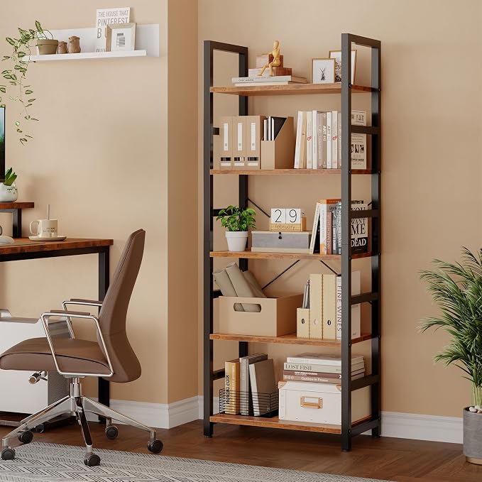 DUMOS 5-Tier Bookshelf, Modern Tall Bookcase Book Shelf | Open Storage Display Shelf for Living Room, Bedroom, Home Office, Narrow Standing Shelving Unit for Books, CDs Rustic Brown