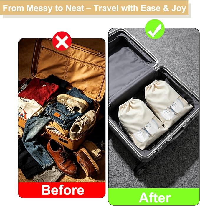 4 Pcs Shoe Bags for Travel with Clear TPU Window, 13.8"x17.7" Dustproof Travel Shoe Bags, Drawstring Travel Shoe Storage Bags for Men & Women (Beige)