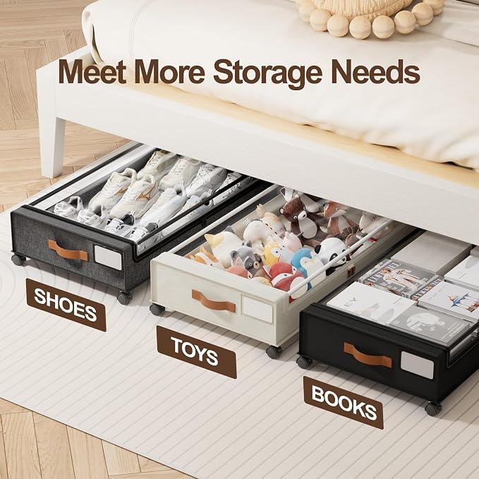LAMU Under Bed Storage with Wheels, 2 Pack Under Bed Storage Containers with Clear Lid, XXL 60 L Underbed Storage Bins, Rolling Under Bed Metal Drawers for Clothes, Blankets, Shoes, Hemp Grey