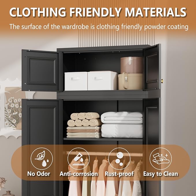 Polup Metal Armoire Closet, 86 Inch Tall Wardrobe Armoire with Hanging Rod, Wardrobe Closet for Clothes with Doors, 18" D x 32" W x 86" H,Black, Assemble Required, Shipped in Two Packages
