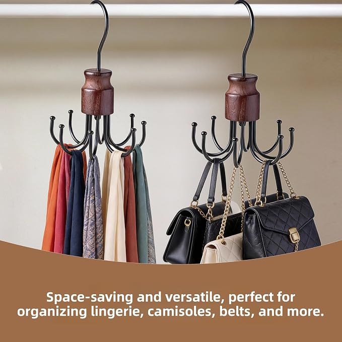 Multi-Purpose Swivel Hook, 8 Prong Design, Wood and Metal for Neckties, Belts, Bands, Bags, Bags, Key Organizer (2)