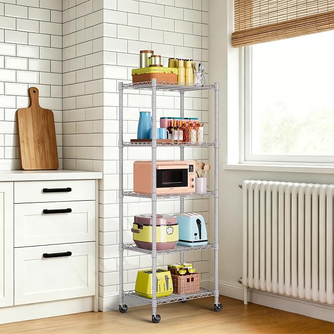 REGILLER 5-Wire Shelving Metal Storage Rack Adjustable Shelves,Standing Storage Shelf Units for Laundry Bathroom Kitchen Pantry Closet(Silver,11.8" D x 16.6" W x 53.5" H,With Wheels)
