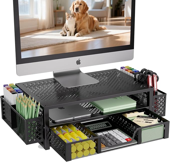 Simple Trending 2-Tier Metal Monitor Stand with Drawer & Pen Holder, Black | 20"W x 10"D x 5.8"H. Metal mesh cooling prevents overheating. 2-tier + drawer + pen holders. Non-slip. Fits laptop & monitor.