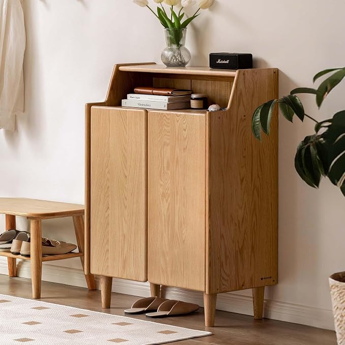 Solid Wood Shoe Cabinet with Doors, Shoe Storage Cabinet with 4-Tier Adjustable Shelves, Mid Century Modern Shoe Rack Cabinet for Entryway, Hallway, Oak Wood, 13.8" x 31.5" x 43.3" (Natural)