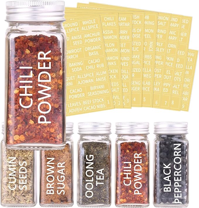 SWOMMOLY 30 Pcs Glass Spice Jars with Lids, 4oz Spice Bottles with Labels | Square Spice Containers with Shaker Lids, 703 Labels, Chalk Marker, Funnel- Seasoning Bottles for Racks, Cabinets, Drawers