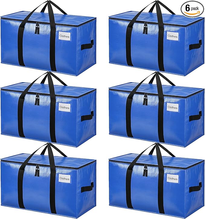 BAGAIL Heavy Duty Moving Bags with Strong Handle, Extra Large Moving Boxes, Storage Tote for Clothes, College Moving Supplies(Blue, 6 Pack)