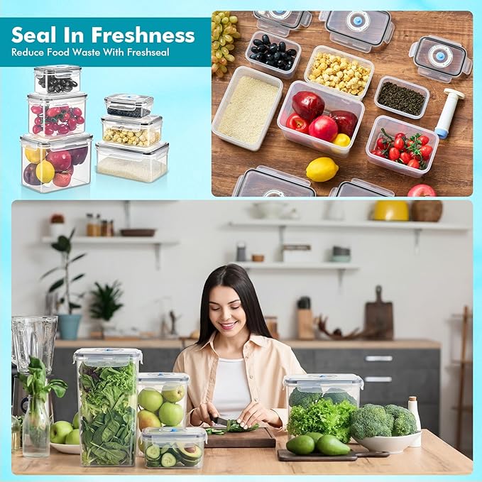 LemonRoad 9 Set Vacuum Seal Storage Food Containers with Lids (9 containers &9 Lids &1 Hand Vacuum Pump), Premium Airtight Food Storage, Airtight and Leak Proof (Black)