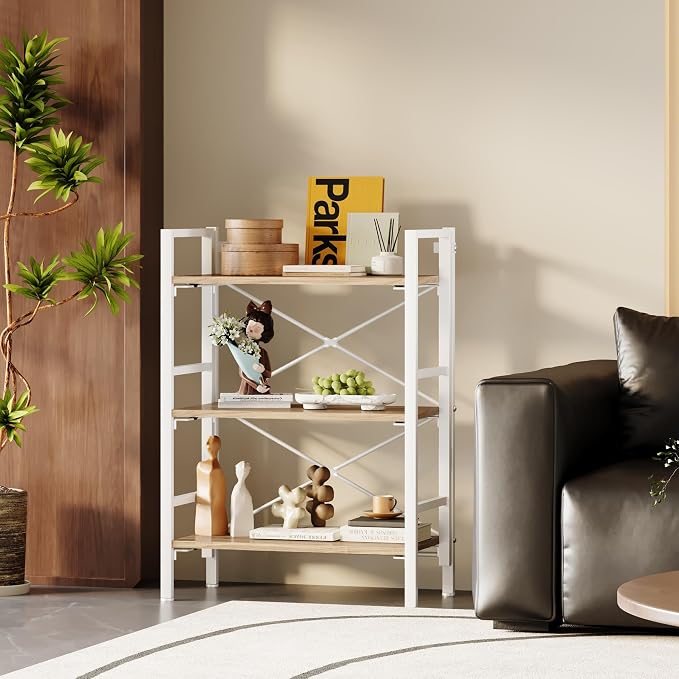 Homeiju Folding Bookshelf No Assembly, 3 Tier Bookcase Foldable Shelf with X-Bracket Design, Adjustable Feet, Space Saving Storage for Living Room, Office (Light Coffee)