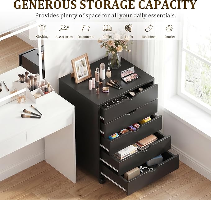 5 Drawer File Cabinet with Wheels, Under Desk Storage Drawers, Black | 5 Drawers File Cabinet with Wheels for Under Desk Storage, Office Organization and Small Printer Stand