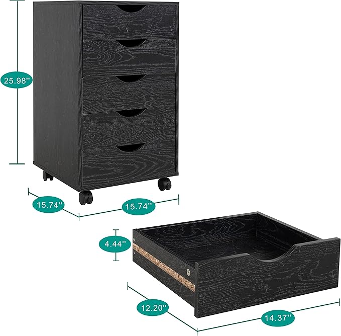Naomi Home 5 Drawer Office Storage File Cabinet Under Desk Cabinets for Organization Filing with Wheels, Printer Stand Storage, 180 lbs Capacity, Distressed Black
