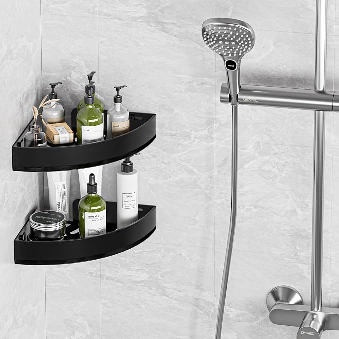 Wisfame Black Corner Shower Caddy, Triangle Shower Shelf No Drilling, Metal | Rustproof Aluminium, Adhesive & Drill Installation, Wall Mounted, 2 Pack, Bathroom Shampoo Holder for Toiletries