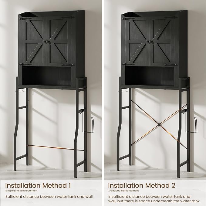 Memobarco Over The Toilet Storage Cabinet with 2-Door & Metal Stand, Black | Toilet Paper Holder, 3 Extra Hooks, Anti-Tipping Device, With Adjustable Shelves, for Bathroom, Restroom, Laundry
