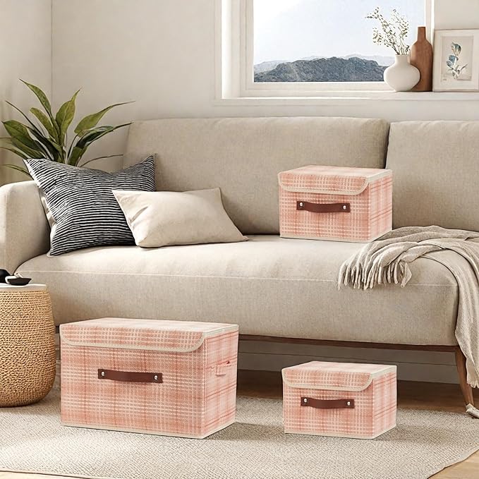 2PCS Storage Boxes with Lid 3D Textured Fabric Storage Bins Closet Organizer Containers Decorative Collapsible Washable Shelf Baskets with Faux Leather Handles (Light Salmon, Large Size)