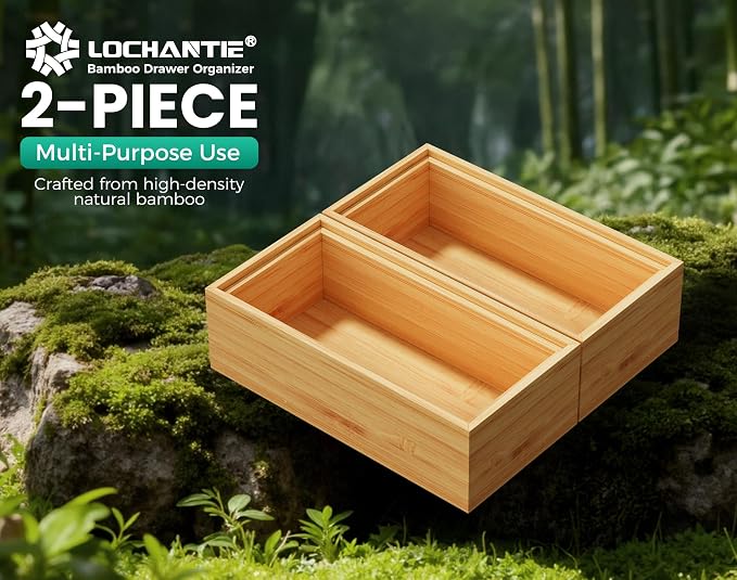 Small Bamboo Kitchen Drawer Organizer Boxes 6" x 3" Stackable Wood Tray | Set of 2 Silverware Utensil Tray for Drawers Bins Cutlery & Flatware Storage Wooden Organizers for Junk Drawer, Bathroom, Rv
