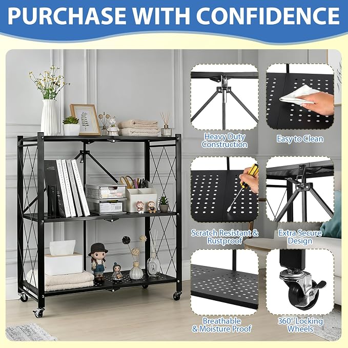 3-Tier Foldable Storage Shelf with Wheels, Heavy Duty Metal Collapsible Shelving Unit, No Assembly Rolling Organizer Rack for Kitchen Pantry Closet Office