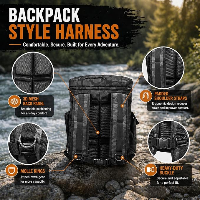 FUNHORUN Fishing Bucket Organizer with 5 Gallon Bucket & Rotating Seat Lid | 360 Swivel Seat Lid, Bucket Backpack with Backpack Straps, Full Water-Resistant & Multi-Pockets (Fishing Tools Not Included)