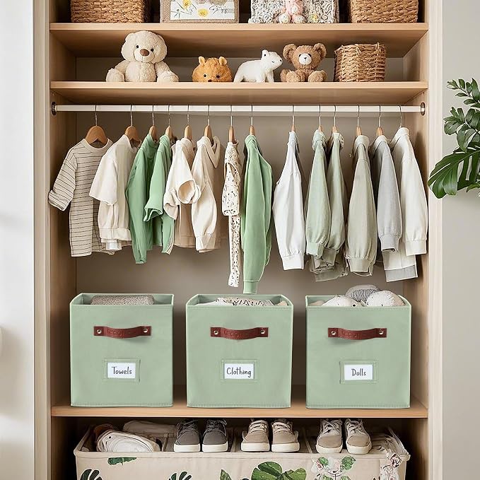 DECOMOMO Storage Bins, Cube Storage Bin with Labels, Fabric Storage Cubes for Shelves (10.5" x 11" / 2pcs, Sage Green)