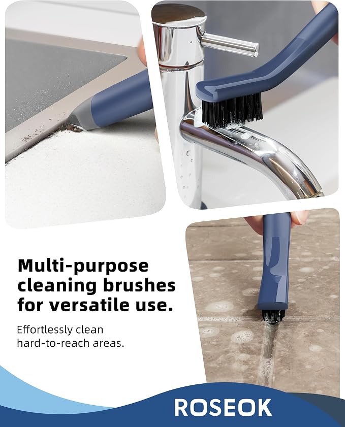 ROSEOK Grout Cleaner Brush Set, Detail Cleaning Brush Set, Nylon Bristles | Crevice Scrub Brushes, Deep Clean Brush Set for Edge, Tile, Sink, Corners, Drains, Blue