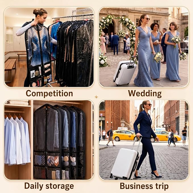 Tranqun 12 Pack 65" Long Wedding Garment Bags for Gowns 4" Gusseted Clear Dress Travel Bag for Hanging Clothes Foldable Wedding Dress Cover with 4 Zipper Pockets for Closet Storage and Travel (Black)