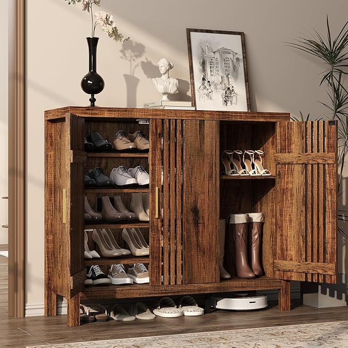 UNIQUITE Wooden Shoes Cabinet with 3 Doors and Adjustable Shelves, Retro Freestanding Shoe Organizer Cabinet for Entryway Hallway Living Room, 5-Tier Shoe Cabinet for 30 Pairs, Dark Walnut