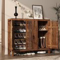 UNIQUITE Wooden Shoes Cabinet with 3 Doors and Adjustable Shelves, Retro Freestanding Shoe Organizer Cabinet for Entryway Hallway Living Room, 5-Tier Shoe Cabinet for 30 Pairs, Dark Walnut