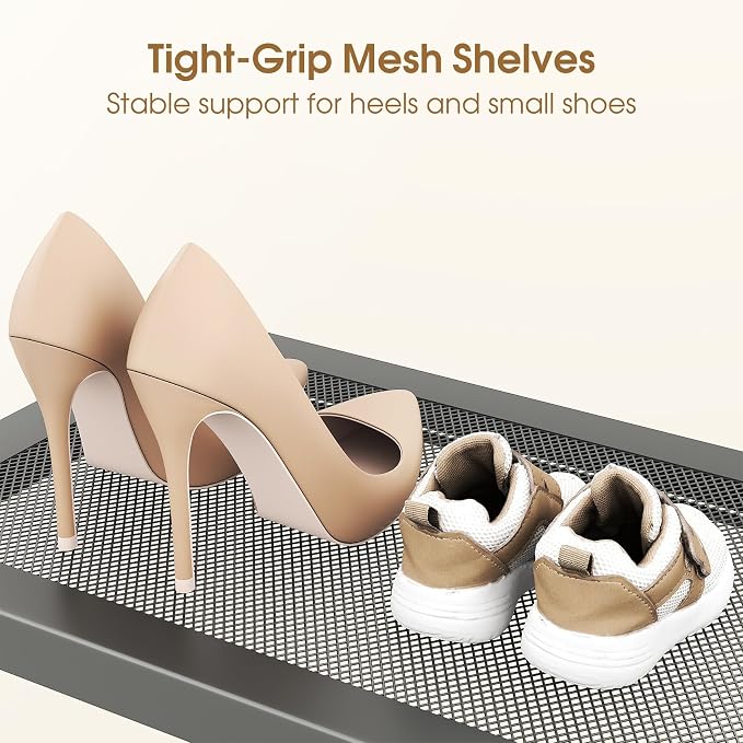 SAYZH Expandable Shoe Rack for Closet, Adjustable Metal Shoe Organizer with Sturdy Mesh Shelves for Boots & Heels, Stackable Shoe Storage for Entryway, Garage, Small Spaces (Grey, 4-Tier)