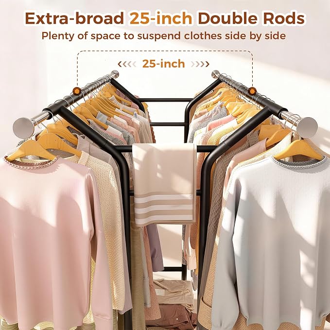 Luxspire Double Rod Clothing Racks for Hanging Clothes Load 650 LBS, Black | Zinc-iron alloy frame, 2-tier sturdy shelves, lockable silent wheels, adjustable extendable rods for bedroom & laundry room