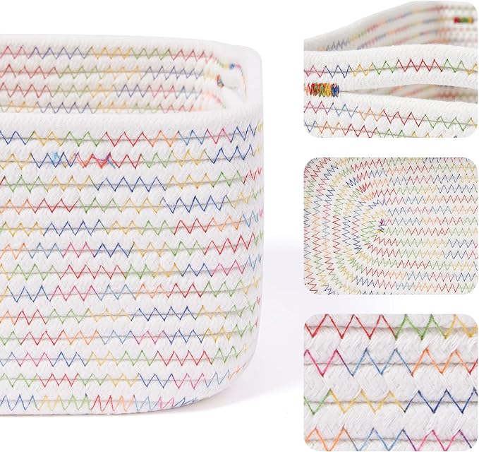 MiniArk Small Storage Baskets for Organizing | Closet Organizer Bins | Shelf Toy Basket | Woven Rope Baskets | Cube Decorative Box | Shallow Basket | 13x8.5x5.1” | 4 Packs Rainbow
