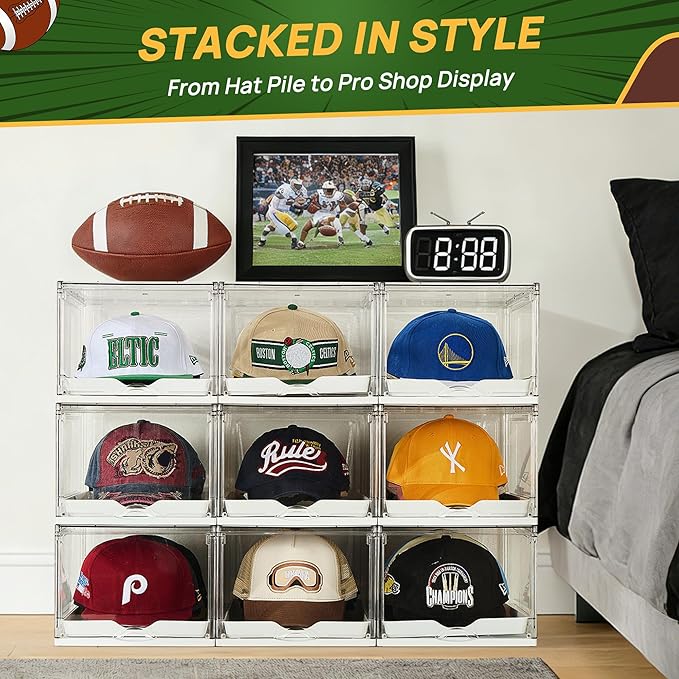 Vtopmart 6 Pack Stackable Baseball Caps Organizer, Each Holds 12 hats | Each Holds 12 hats, with Sliding Drawer Easy access, Stackable, with Magnetic Door, Dust protectio