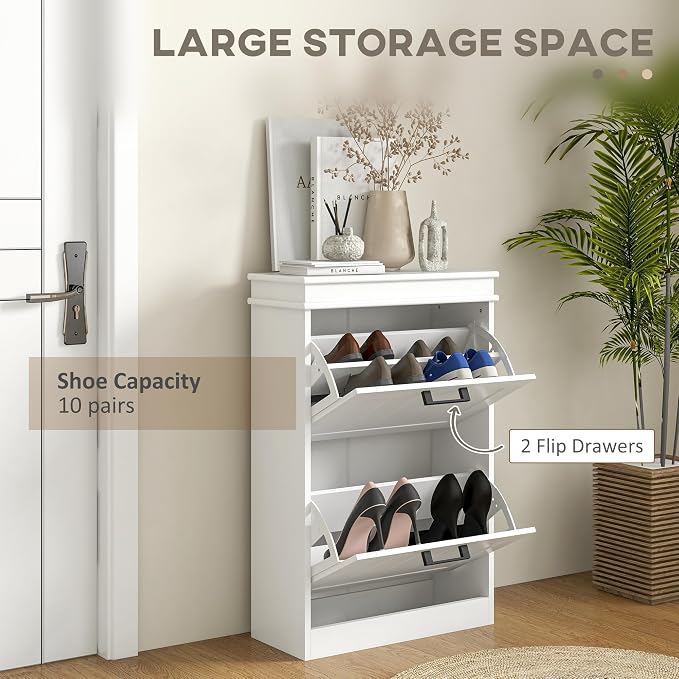 HOMCOM Narrow Shoe Cabinet with 2 Flip Drawers, Modern Freestanding Shoe Storage Cabinet with Adjustable Shelves for Entryway, Hallway, White