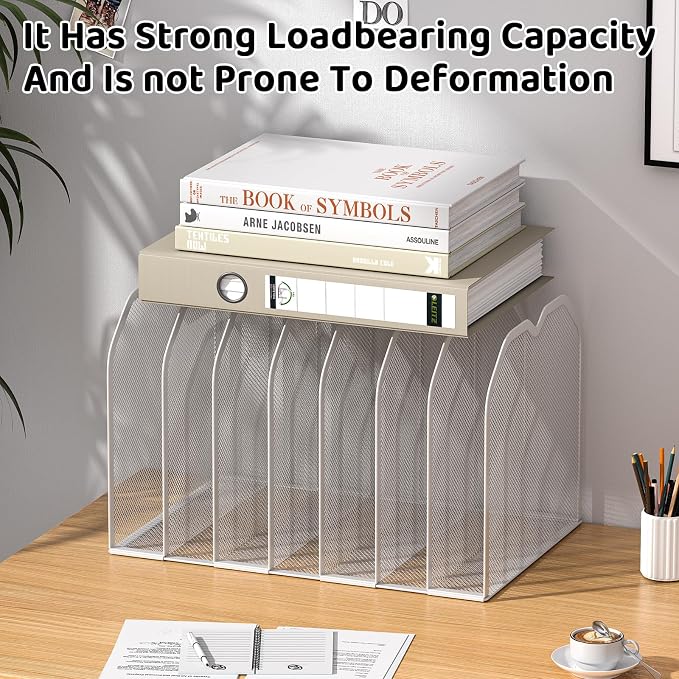 FANXIYQ White 7-Section File Folder Organizer for Desk, Metal Vertical File Holder Stand, Desktop File Organizer Rack for Letter/A4 Folders, Papers, Books, Office Classroom Home