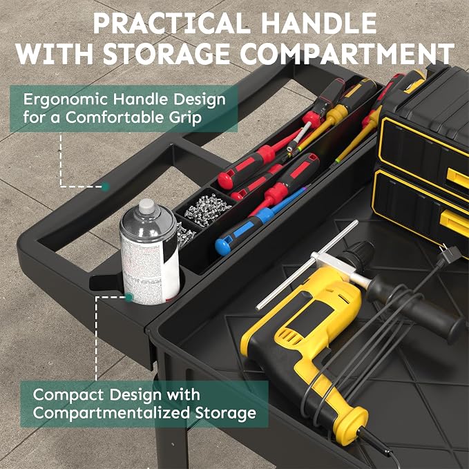 Plastic Utility Cart on Wheels, 45 x 25 Inch Rolling Service Cart-Black | 2 Shelf Work Carts, 500 lbs Capacity Heavy Duty Tool Cart W/Tub Storage & Deep Shelve, for Warehouse, Garage, Cleaning