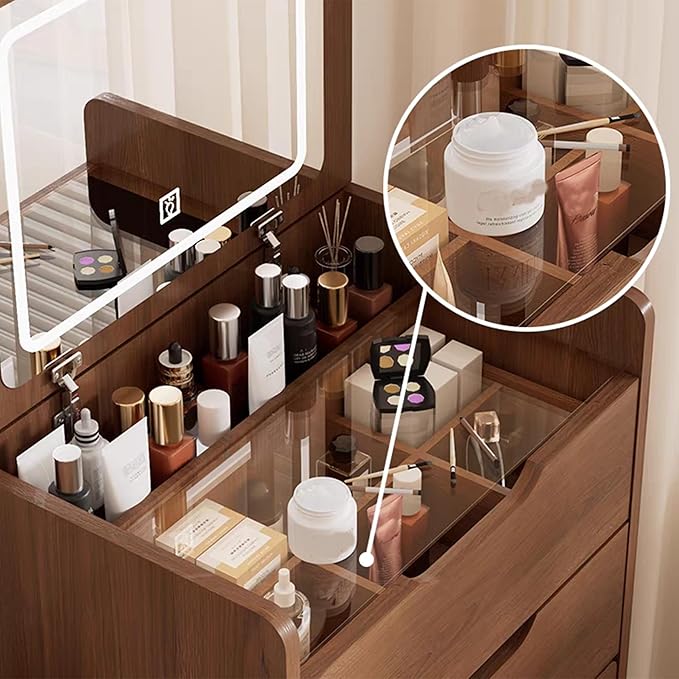 3 in 1 Vanity Desk with Mirror and Lights,Small Make Up Vanity Set with Visible Glass Desktop,Compact Makeup Vanity with 3 Drawers & Stool, Dressing Table for Bedroom (Walnut, 18.9" L)