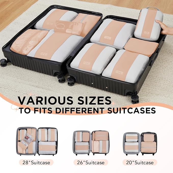 OlarHike 10 Set Compression Packing Cubes for Travel Essentials,Compressible Expandable Space Saver Bags for Organizing Clothes,Luggage Suitcase Garment Bags with Over 1000 pcs Mesh Holes(Gold)