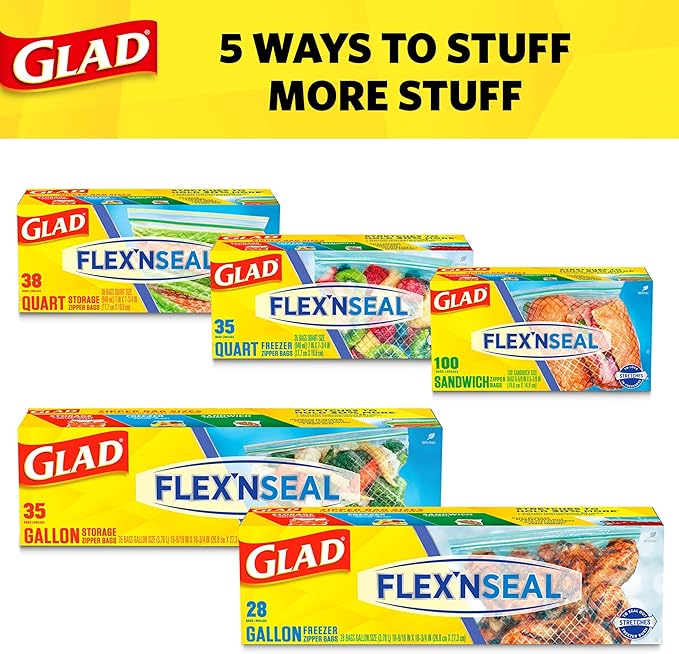Glad Flex'N Seal Food Storage Plastic Bags, Quart, 38 count, Pack of 4 (Package May Vary)