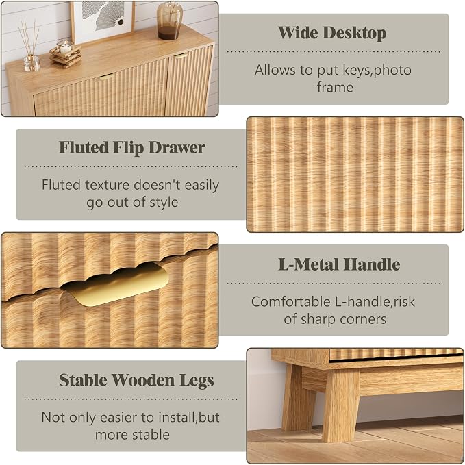 Shoe Cabinet Storage for Entryway with 3 Flip Drawers & Side Cabinet, Fluted Narrow Shoe Organizer with Wooden Leg, Freestanding Shoe Storage Hidden Shoe Rack Organizer for Front Door Entrance, Oak
