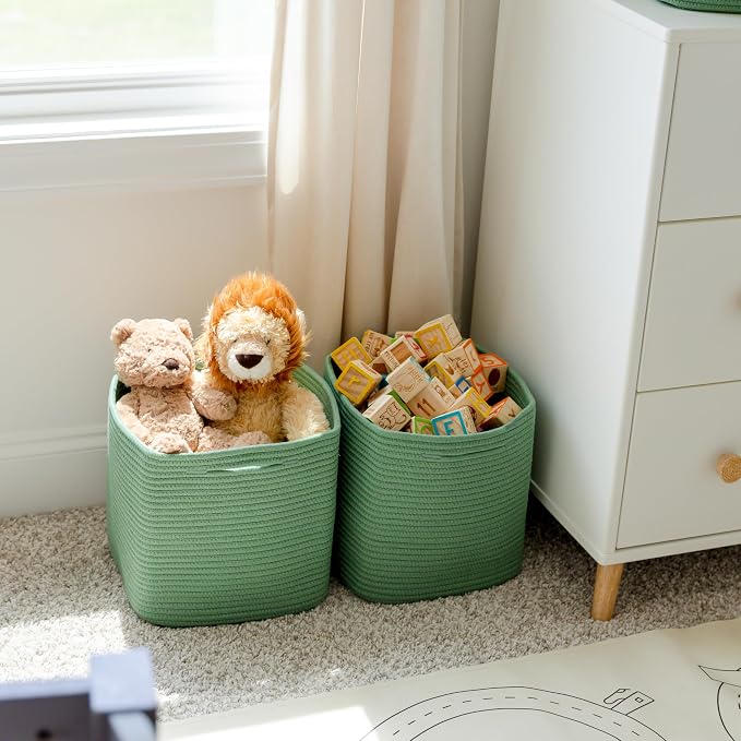 NaturalCozy 13 Inch Cube Storage Bins Cotton Rope Woven Baskets for Organizing 3-Pack | 13 x 13 Storage Cubes | Fabric Square Storage Baskets for Shelves Organizer, Kids Toy Bins, Closet Baby Nursery